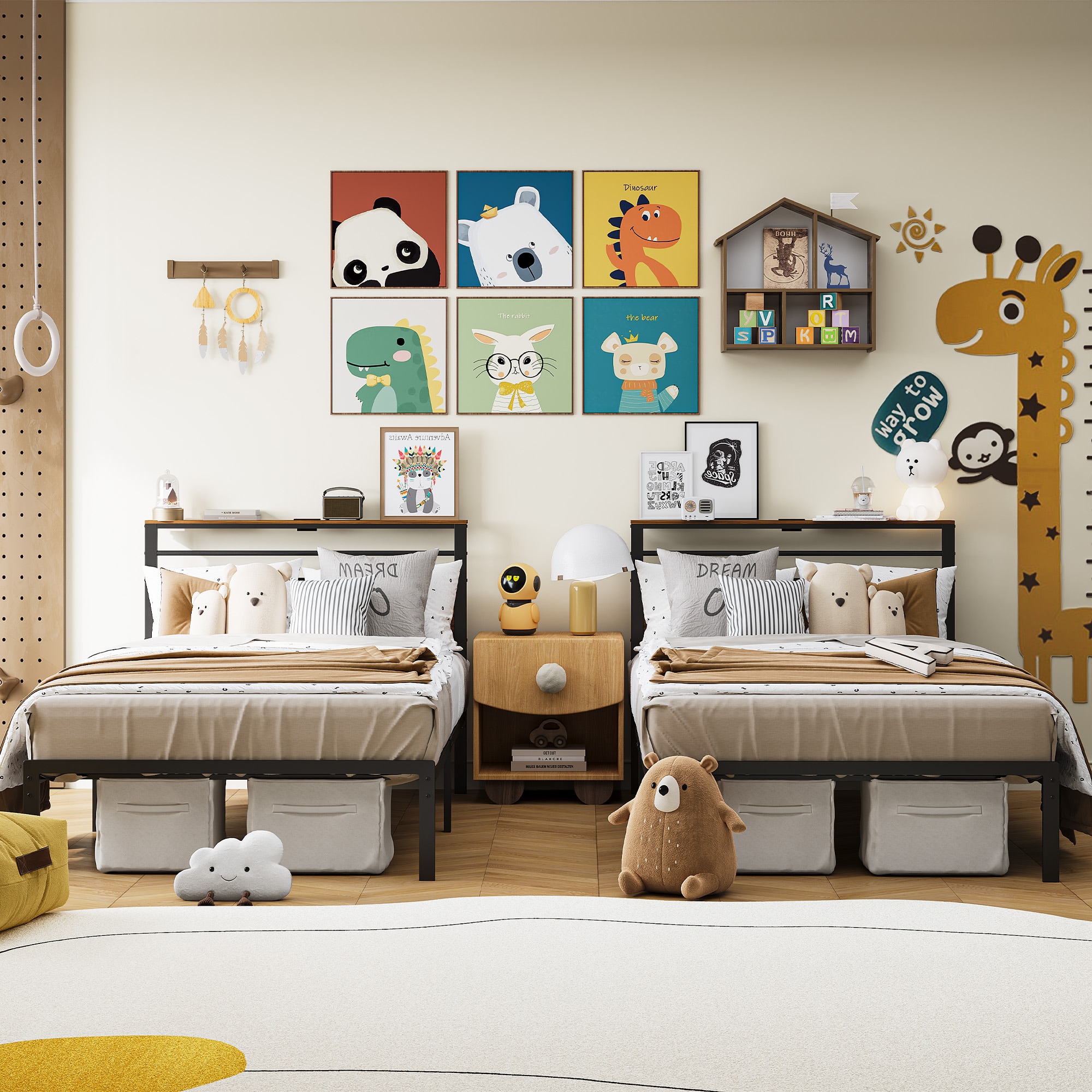 Twin Platform Bed Frame With Charging Station And Storage Headboard_voghion.com